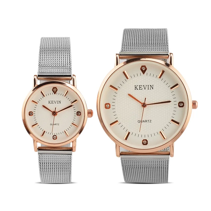 

KEVIN Rhinestone Embellished Couple Watches Crystal Time Mark Simple Dial Watch Round Case Steel Mesh Quartz Wristwatches