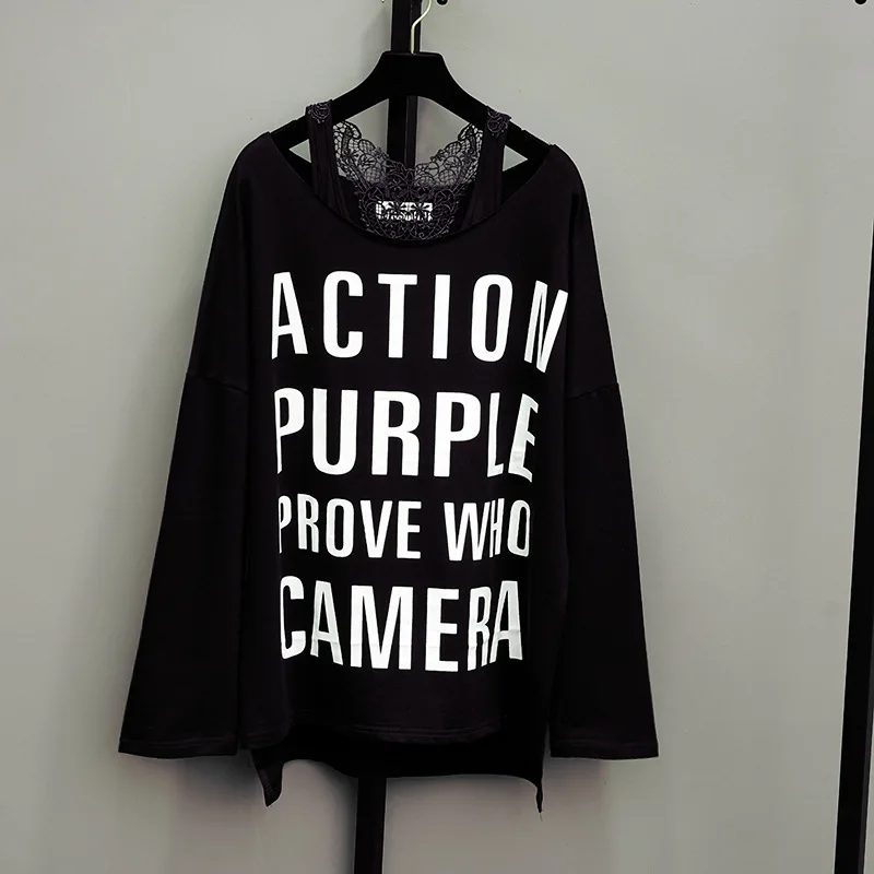 

2018 Summer Autumn Women Loose Long Sleeve T Shirt with Lace Top Two-piece Girl Lady Letter Printed Sweatshirt Cotton Tees Tops