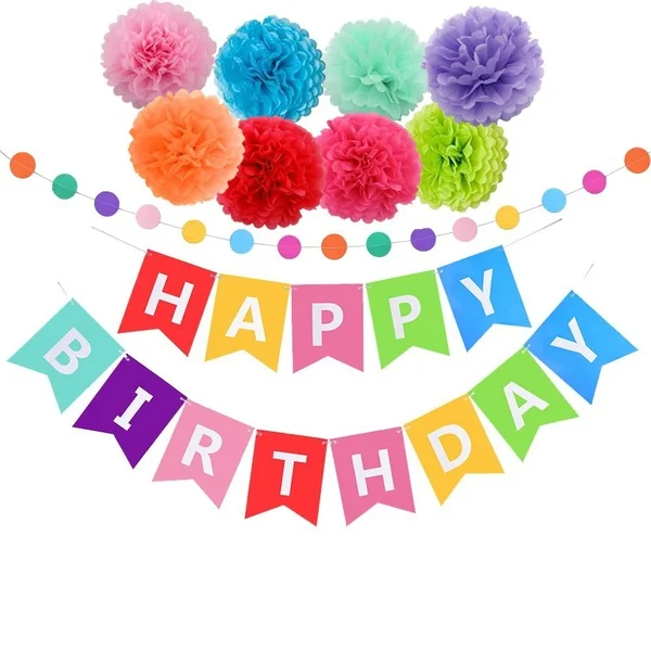 

Happy Birthday Decorations Banner with Tissue Pom Poms for Rainbow Birthday Party Supplies(10 In 1)