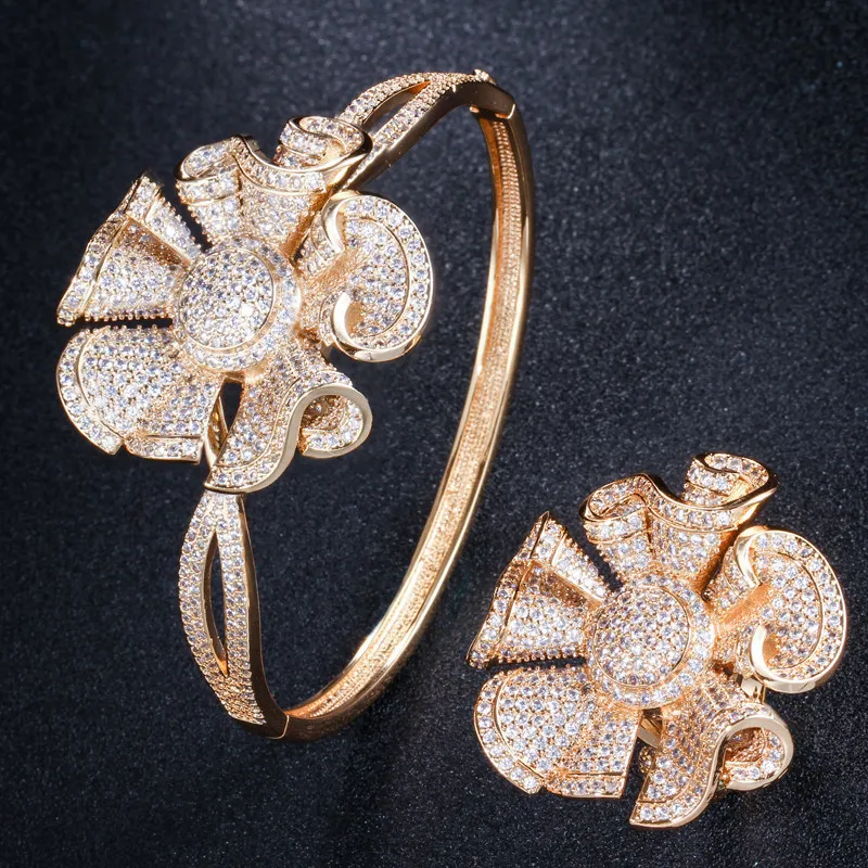 

Dazz Fashion Dubai Large Ring Bangle Luxury Jewelry Set Stackable Flower Zircon Wedding Women Bridal Party Holiday Ornament 2019