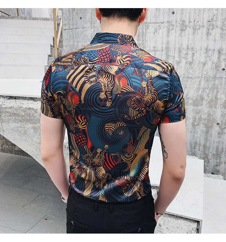 Для мужчин Модная короткий рукав Повседневное Slim Fit рубашка мужская рубашка Лето 2019 уличная ночной клуб выпускного вечера вечерние рубашка