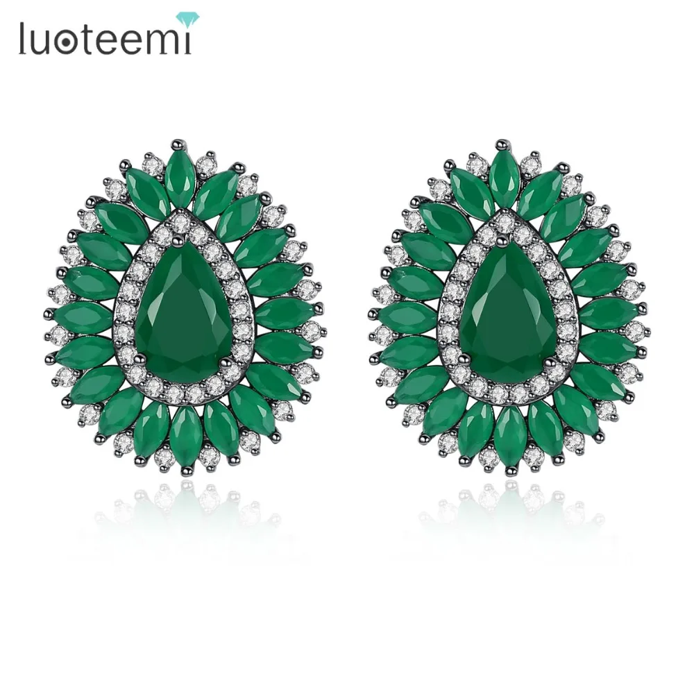 

LUOTEEMI Fashion Hot Sale Stud Earrings for Women Wedding Party Jewelry Drop Shape CZ Stone Green and Pink Color Christmas Gifts
