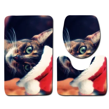 

Cat Wearing Santa Hat 3 Pcs Bathroom Mat Set Non-slip Bath Carpet Bathroom Decoration Water-absorbing Non-slip Bath Rug