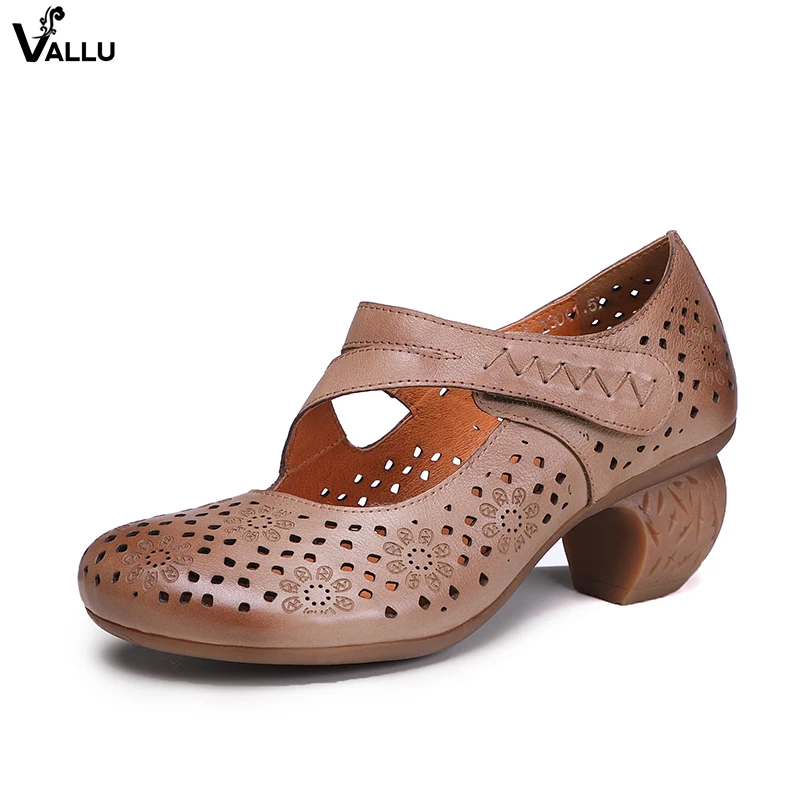 

2018 VALLU Women Pumps Genuine Leather High Heel Shoes Handmade Vintage Cut Out Fretwork Thick Heel Female Casual Shoes