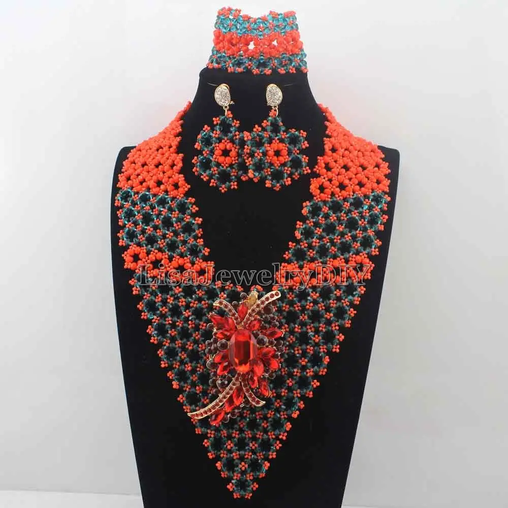 

Fashion Peacock Green/Coral Indian Bridal Women Jewelry Set Statement Chunky Necklace Set for Wedding Free shipping HD8191