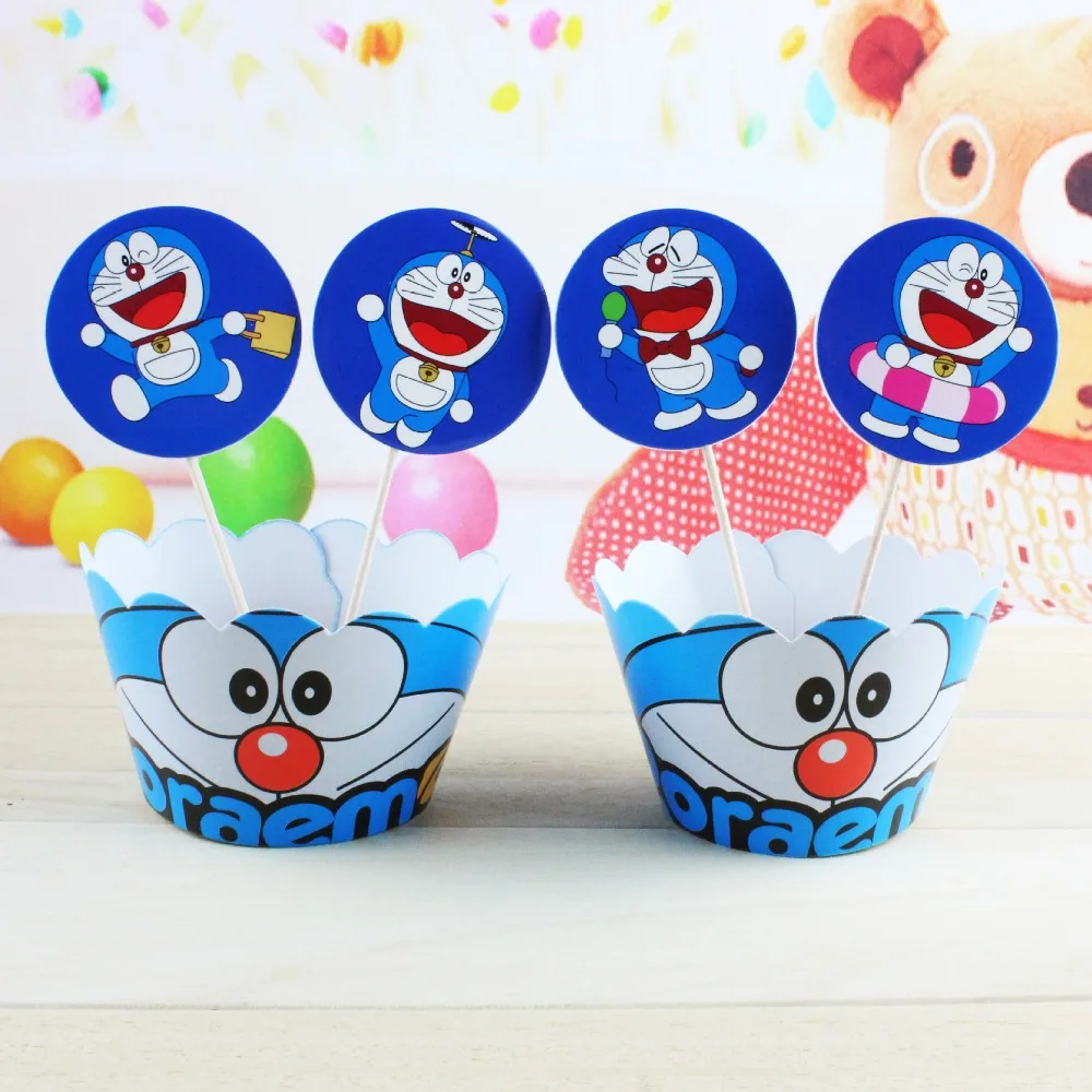 

New Doraemon Cupcake Wrapper 12 pcs Toppers +12 pcs Wrappers Cake Decorations Kids Birthday Party Wedding Party Cake Supply