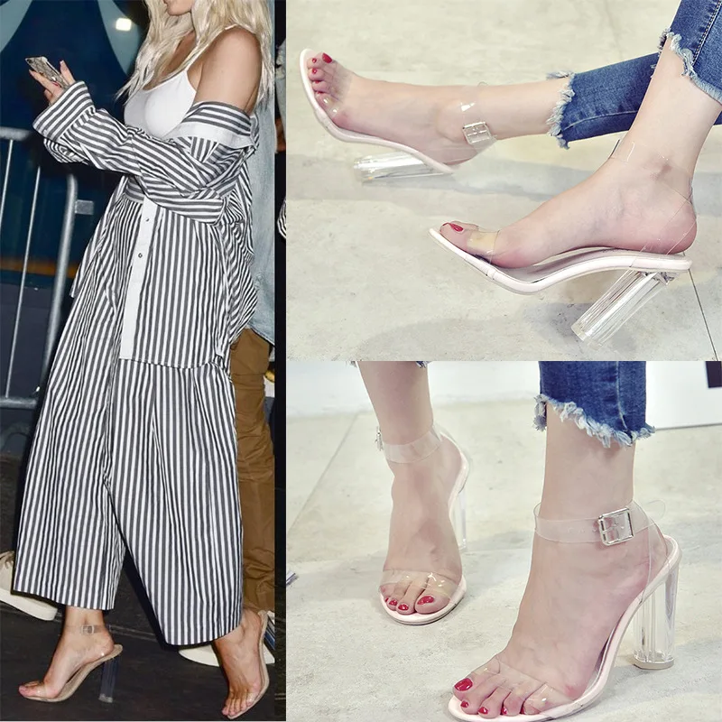 

2019 Women Sandals Plus Size 35-41 Transparent PVC High Heels Shoes Woman Star Style Ankle Strap Gladiator Sandals Women Shoes