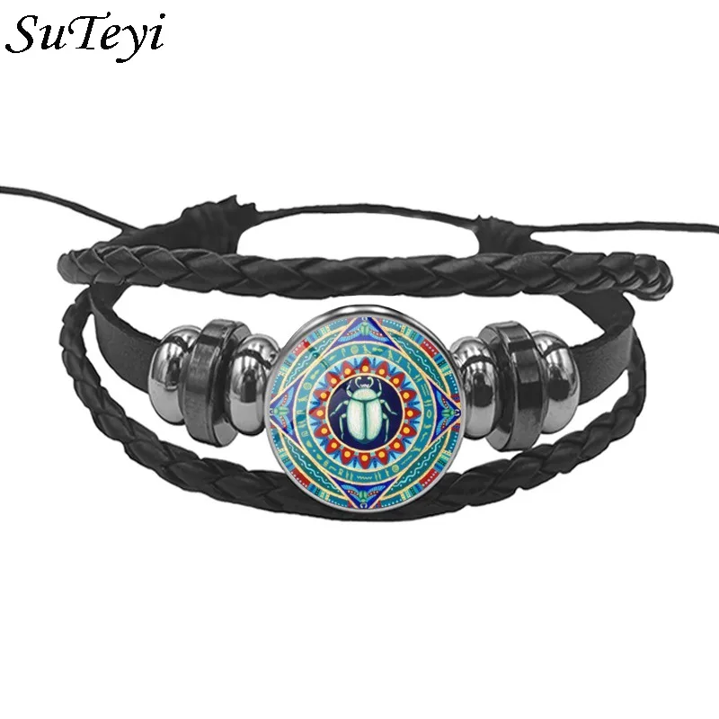 

SUTEYI Egyptian Scarab Leather Bangle Chain Pharaoh Ancient Egypt Jewelry Egypt Charming Bracelets For Womens Mens Gifts
