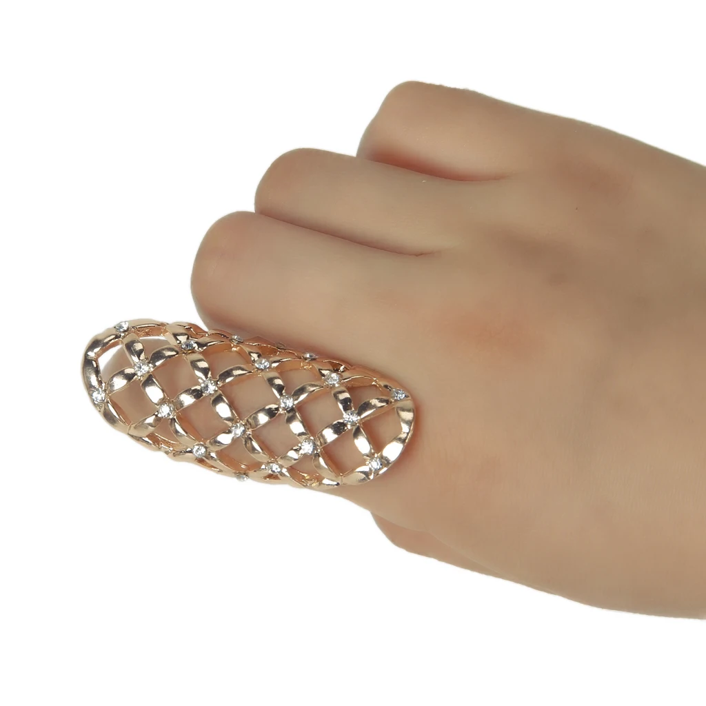 

Celeb's Gold Metal Rhinestone Hollow Armor Knuckle Hinged Long Finger Ring Punk