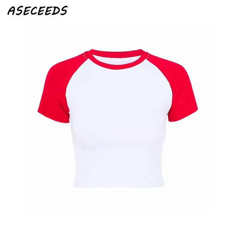 

Summer 2019 Vintage Kawaii Contrast Sleeve Crop Top Women Basic T-shirt Casual O-neck Tee Shirt Streetwear Camisa Feminina