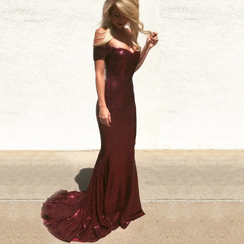 

Robe de soiree Sequin Lace Off The Shoulder Mermaid Burgundy Evening Dress Formal Party Vestido de noche Plus Size Abendkleider