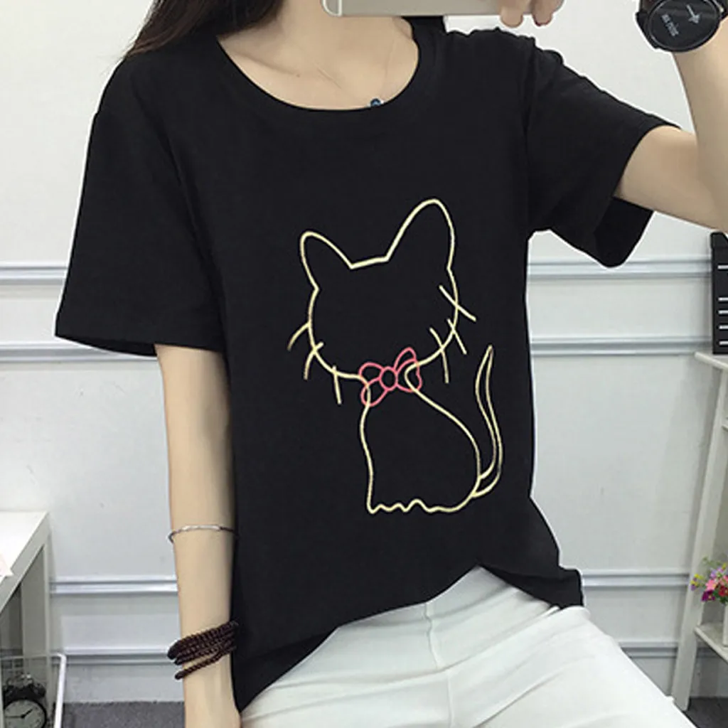 Women Blouse 2019 Womens Ladies Regular Short Sleeve Round Neck Cat Printing Blouse