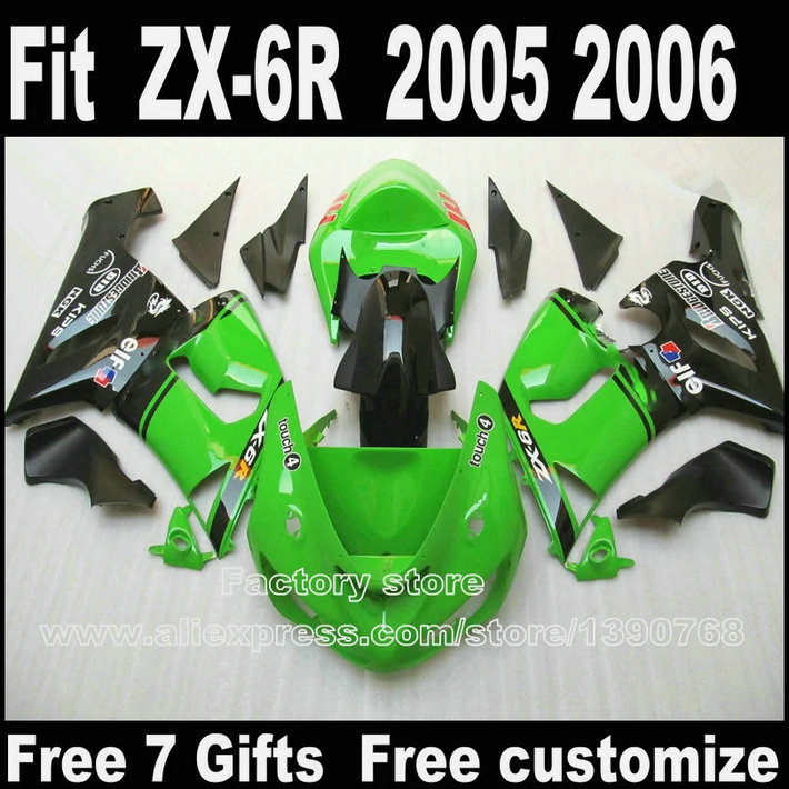 Подходит для Kawasaki ZX6R наборы обтекателей 2005 2006 комплект пластиковых деталей кузова 05 06 Запчасти ниндзя 636 черный комплект обтекателей зеленого цвета S246