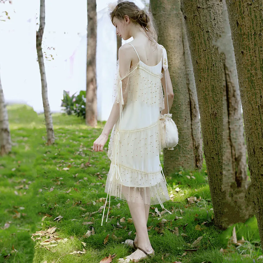 

LYNETTE'S CHINOISERIE Beading cake lace net irregular strap spaghetti strap one-piece dress