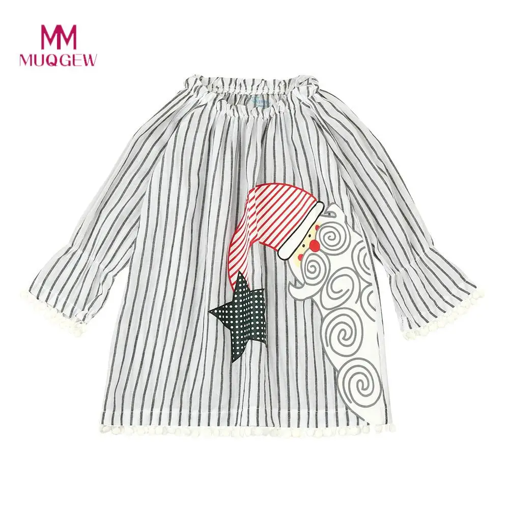 Girls Santa Striped Princess Dress Christmas Outfits Clothes Children's New Year Christmas Striped Tassel Santa Print Dress
