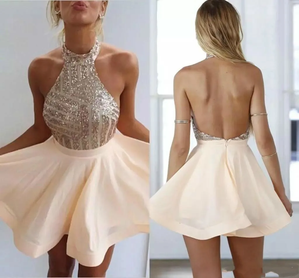 

Sexy Cocktail Dresses Halter Neck Blingbling Sequins Bodice Backless Chiffon A-line Mini Homecoming Dress Prom Evening Gowns