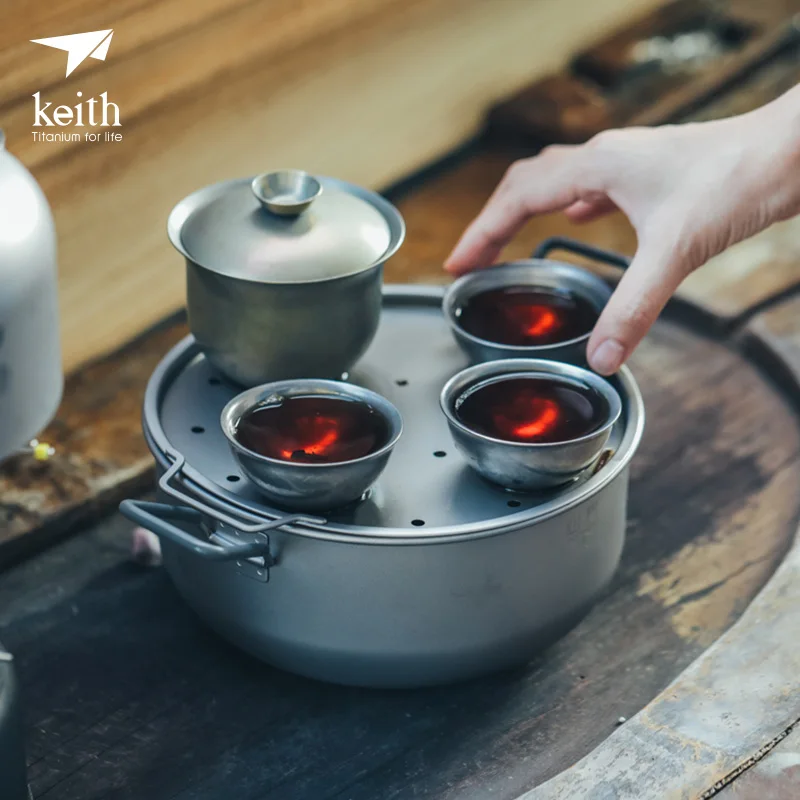 Keith 3 unidades de titanio Pot Camping al aire libre de utensilios de cocina vapor olla de comida vapor cajón Fry Pan para el fuego de inducción cocina