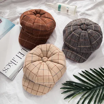 

Plaid Cotton Cap Beret Winter Female Hat For Women Stylish Artist Painter Newspaper Caps Black Gray Beret Hats New Fashion
