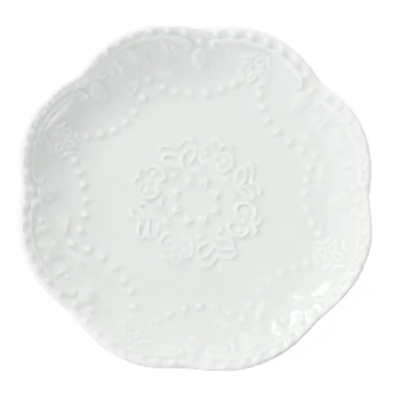 New White Lace Bone China Dishes Plates Round Embossed Ceramic
