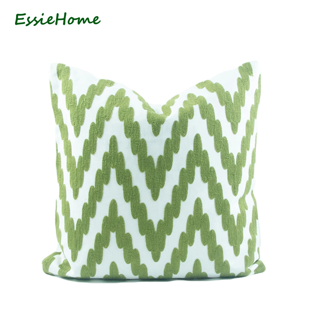 

ESSIE HOME Green Pillow Case Cushion Cover Crocheted Embroidery Classic Geometric Pattern Zigzag Chevron Modern Throw