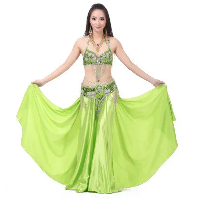 Женский костюм для танца живота, сексуальное платье для танца живота с двойным разрезом, Женская цветная атласная юбка, одежда для танцоров для выступлений(без пояса - Цвет: Grass green