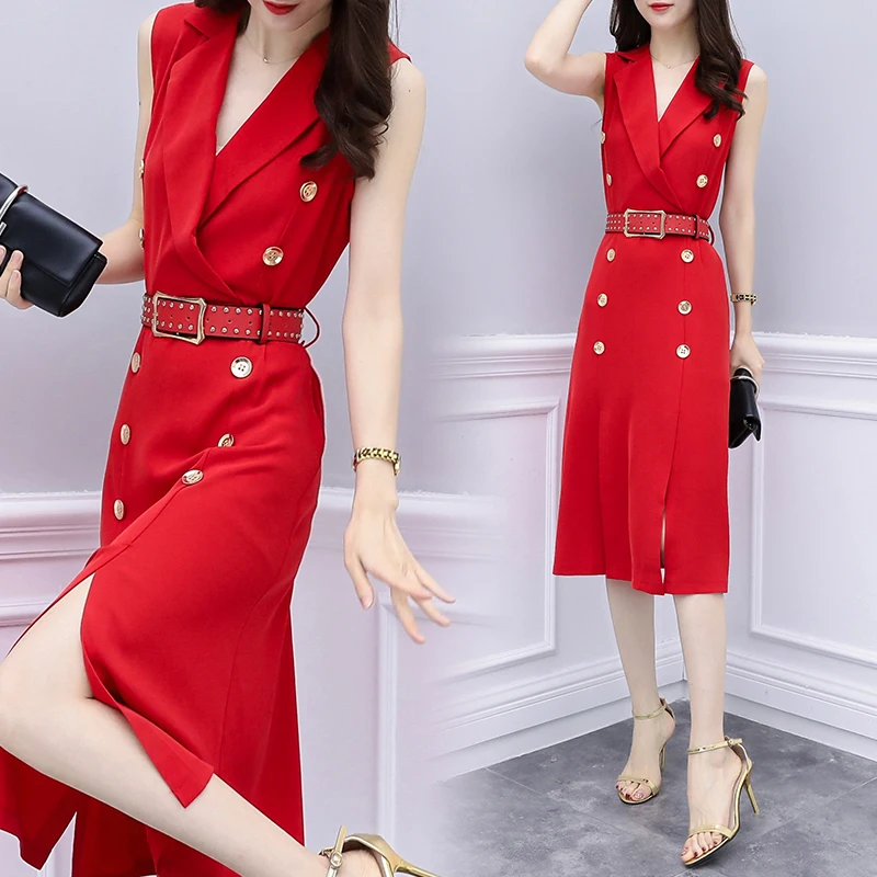 

Women's Clothing 2018 New Summer Fashion Nothched Collar Sleeveless Dress Solid Color Belt Button Slited Dresses Female