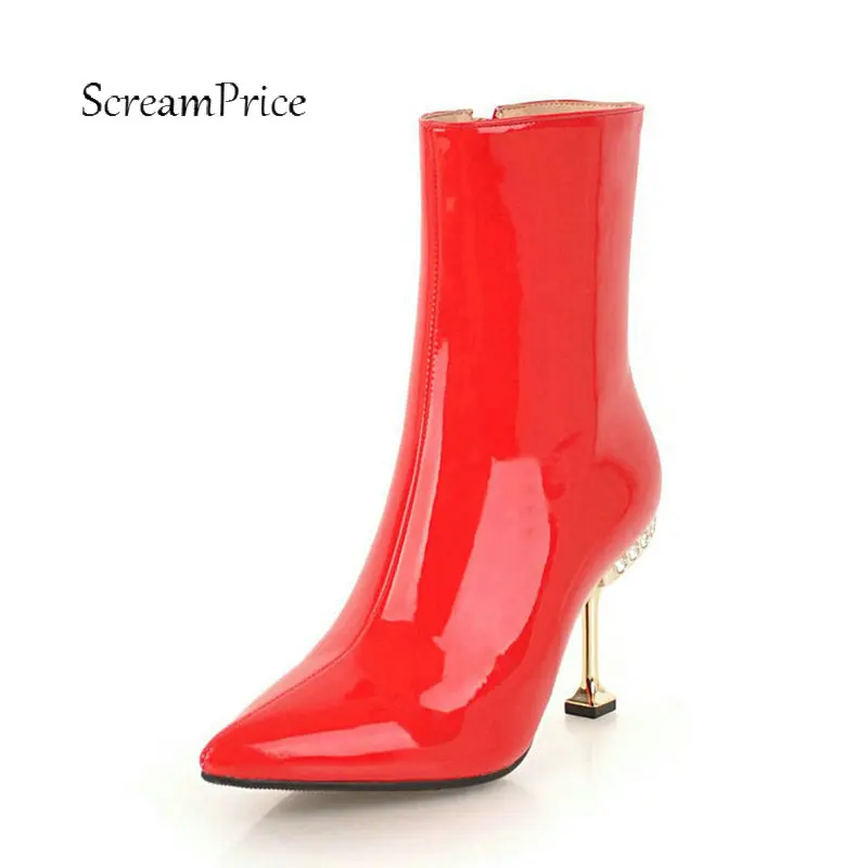 

Female Sexy Soft Patent Leather Thin High Heel Ankle Boots Fashion Crystal Side Zipper Pointed Toe Women Warm Winter Shoes Red