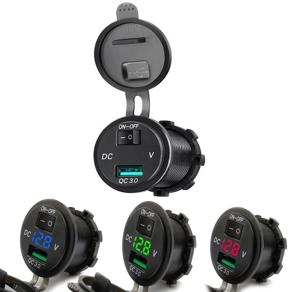 

QC 3.0 USB Fast Car Charger Socket with Voltmeter & ON/OFF Switch for Car Motorcycle Boat
