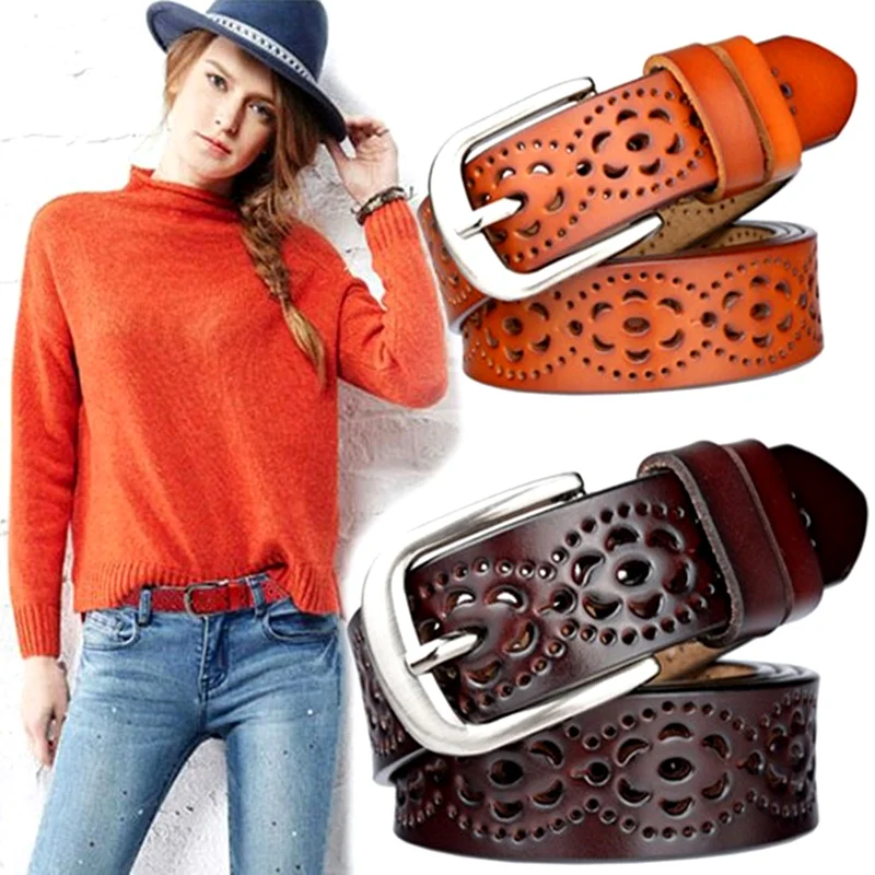 

Women Belts JXQBSYDK Fashion Hollow Pattern Belts Solid Color High Quality Leather Belts for Women Pin Buckle Strap Belts