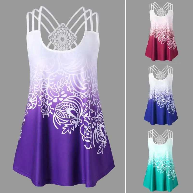 

Feitong new Fashion Womens Bandages Sleeveless Vest Lace Tank Tops Strappy Print Tank Tops 4 colors fitness tees for daily 2018