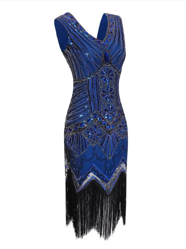 Женское винтажное платье Грейт Гэтсби 1920 s, платье с блестками, v-образный вырез, кисточка, бодикон, расшитое бисером, бальные платья для латинских танцев, вечерние платья