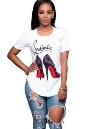 

Women 3D Digital Sexy High Heels Printing T-shirt For Women White Short Sleeve