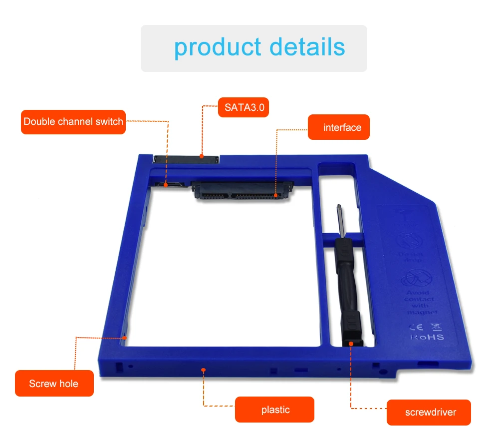 TISHRIC универсальный пластиковый Optibay 2nd HDD Caddy 9,5 мм SATA 3,0 для 9/9. 5 мм 2," SSD адаптер CD DVD HDD чехол Корпус