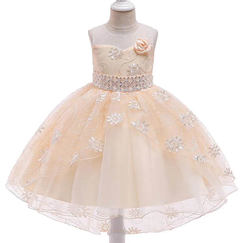 Платье со шлейфом для девочек с цветочным рисунком и блестками Детские вечерние платья Пышное Бальное платье с цветочным кружевом для девочек Vestido Comunion - Цвет: champagne