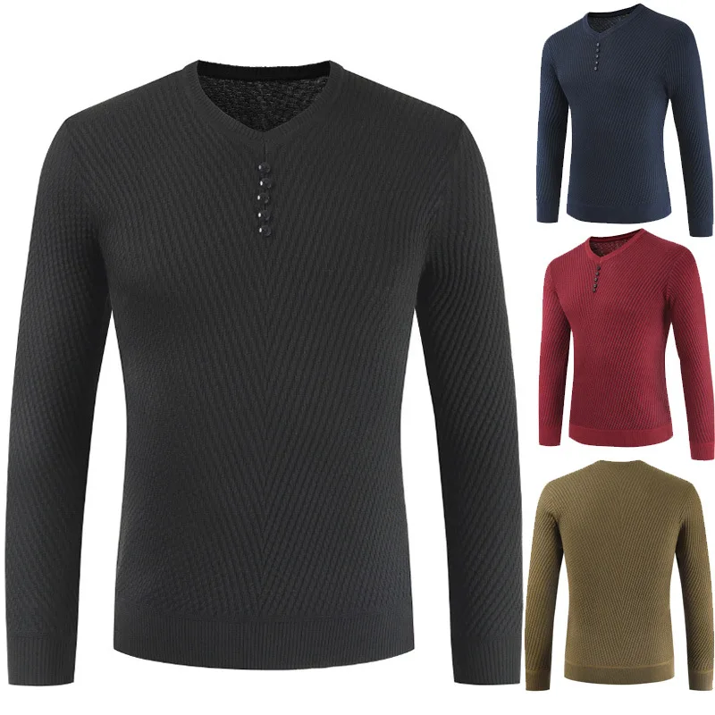 Одноцветное Цвет пуловер Для мужчин свитер с v-образной горловиной Для мужчин топы с длинными рукавами и пуговицы шерсть Повседневные
