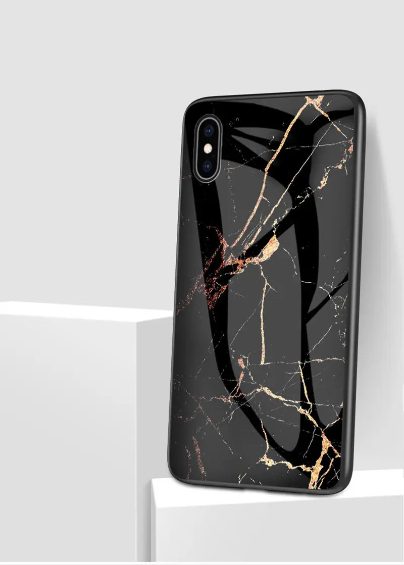 Роскошный Мраморный стеклянный чехол для телефона s для iPhone X XS Max XR, чехол с мягкими краями из закаленного стекла для iPhone 8, 7, 6, 6s Plus, 8 Plus, чехол - Цвет: Черный