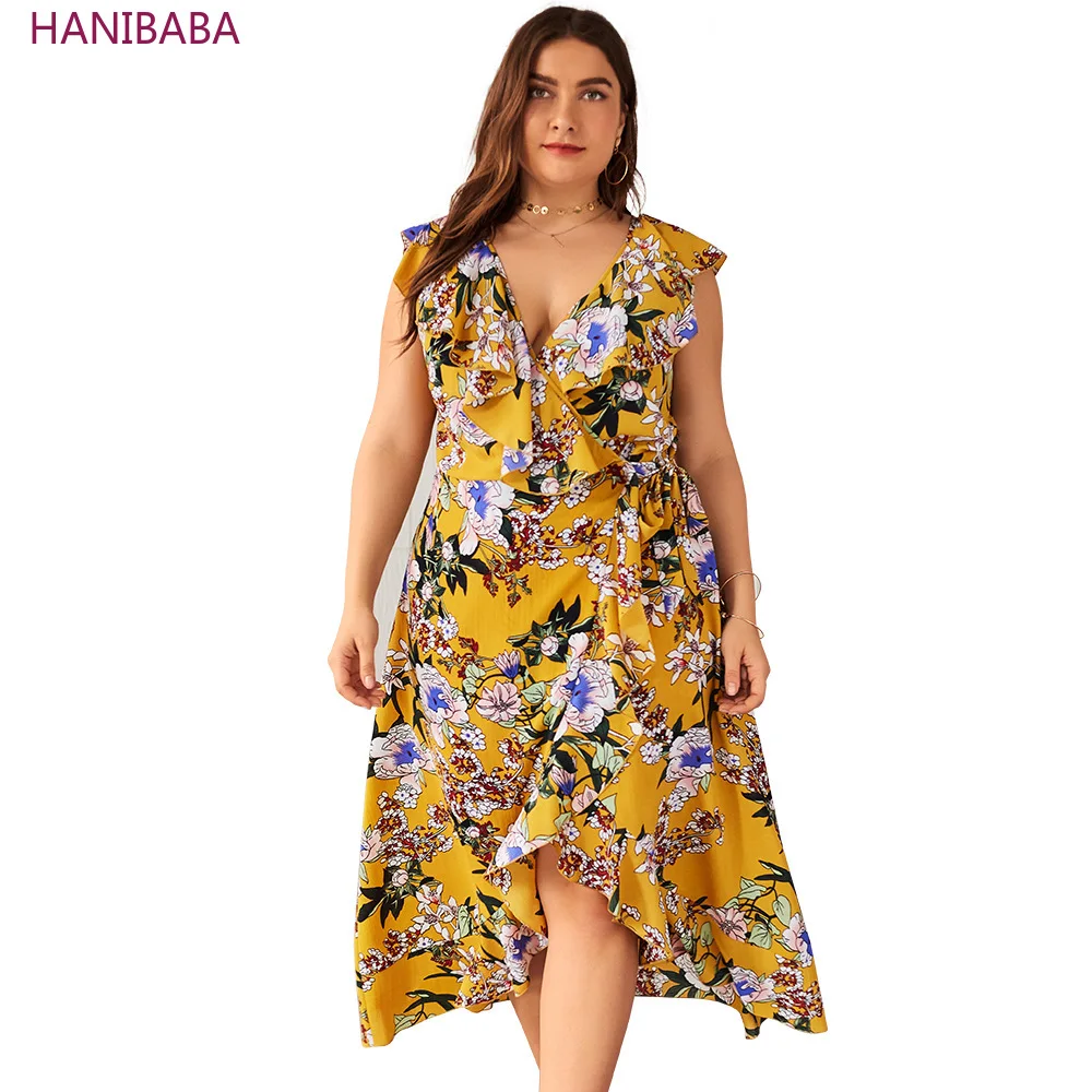 

Summer Vintage Boho Flower Dress Ruffled Elastic Straps Split Chiffon Women Dress Plus Size Casual Beach Office Robe Femme 4XL