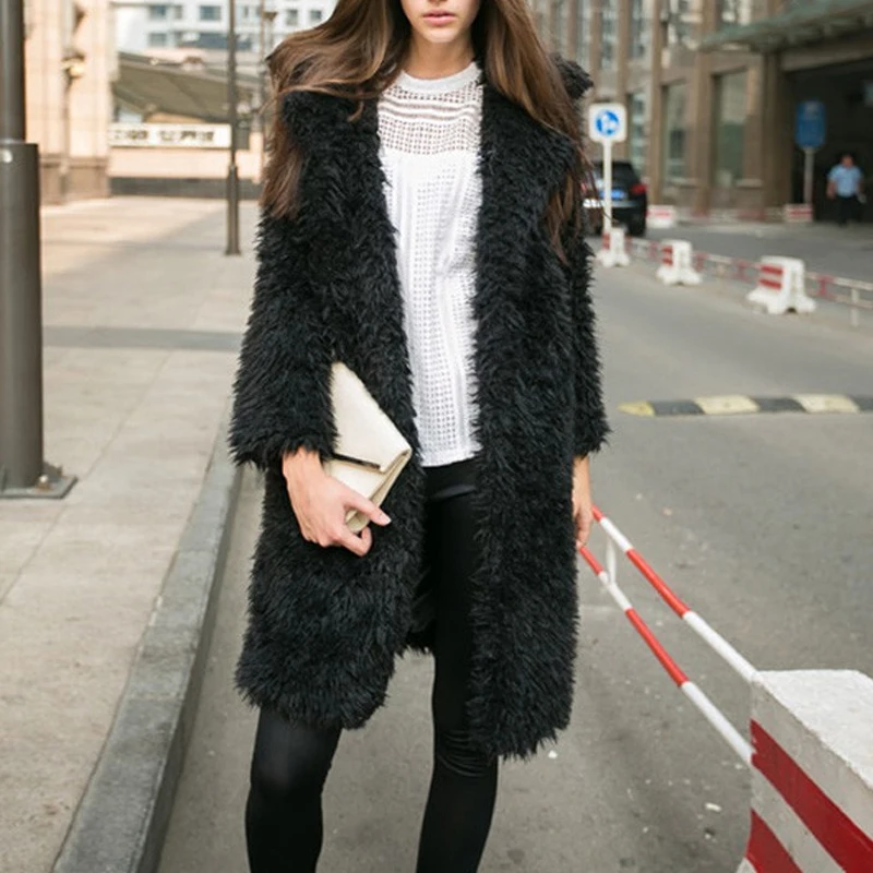 Fashion Women Long Sleeve Fluffy Soft Faux Fur Coat Turn