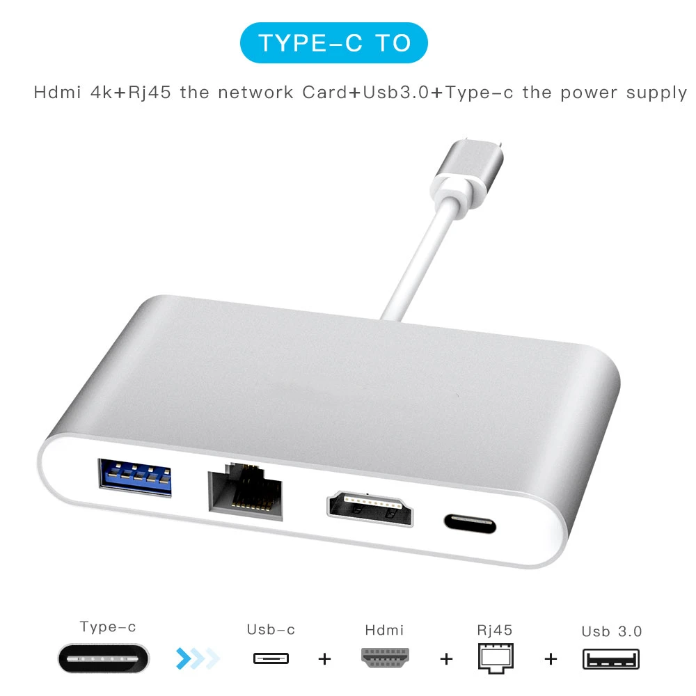 

USB-C to HDMI + Ethernet + USB 3.0 Type C/F Charging Port Adapter Converter Cable 4K UHD for Macbook PRO Monitor HDTV