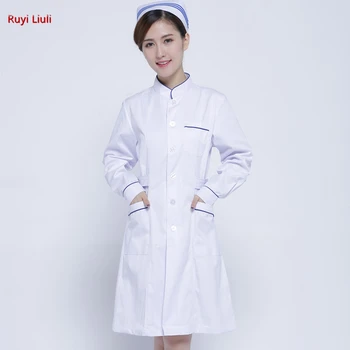 

Cotton white coat of cotton white coat short - sleeved doctor's work clothes long sleeve hospital medical dress White blue borde