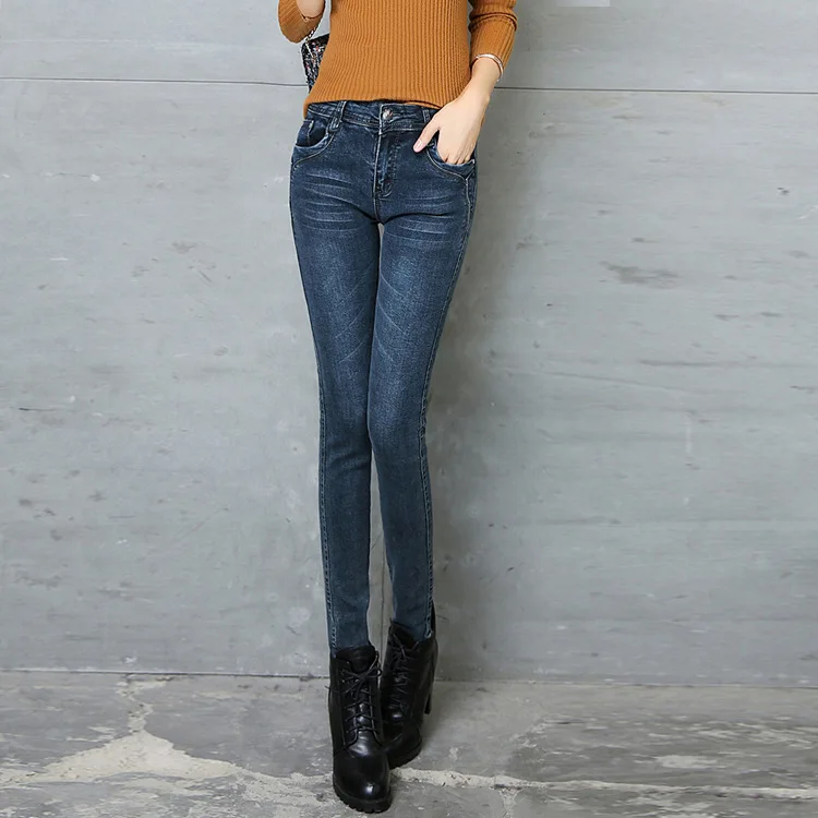 Warm Mom Jeans For Women Winter Velvet Gray Jeans Trousers Stretch Skinny Denim vintage Pantalona Femme