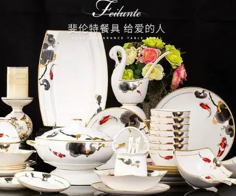Free ship Luxurious gold-rimmed ceramics dinnerware set high-end European bowl plates dishes set 58 pcs bone china tableware set Free ship Luxurious gold-rimmed ceramics dinnerware set high-end European bowl plates dishes set 58 pcs bone china tableware set