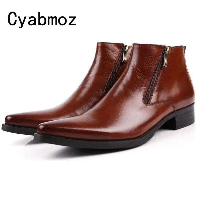 

Luxury high quality men cowboy Martin boots fashion genuine leather zip ankle booties British pointed toe motorcycle dress shoe