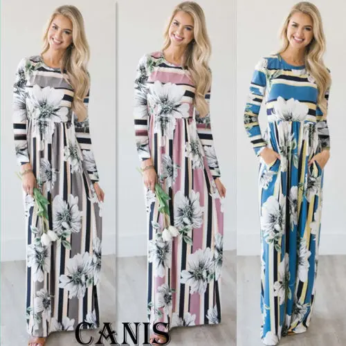 

Women Floral Maxi Dress Long Sleeve Evening Party Autumn Beach Sundress