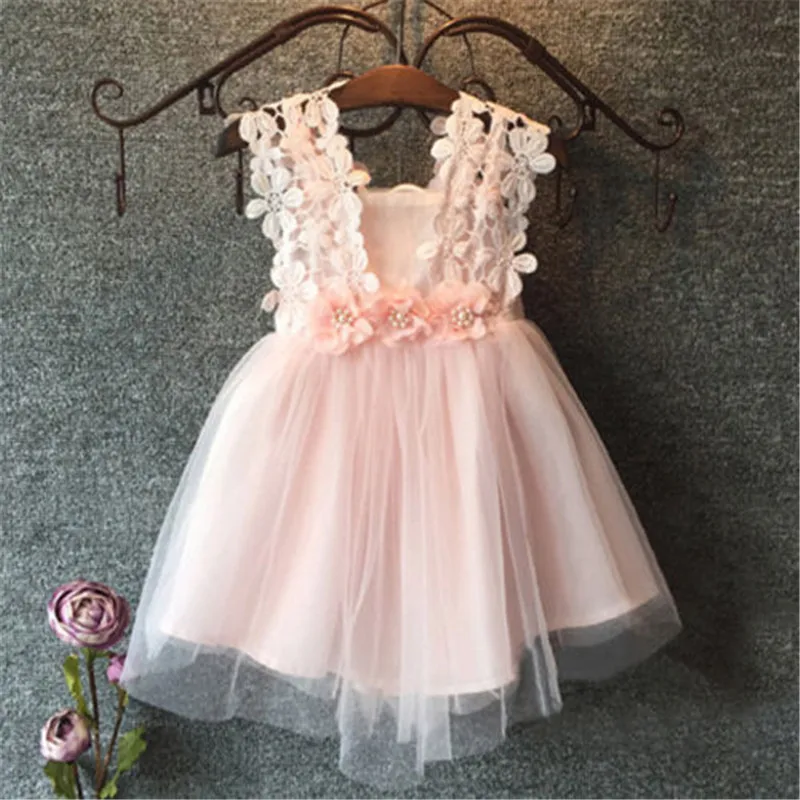 

Girls Summer Lace Dress High Quality Sleeveless Princess Dress Tulle Flower Backless Mesh Pleated Party Dress