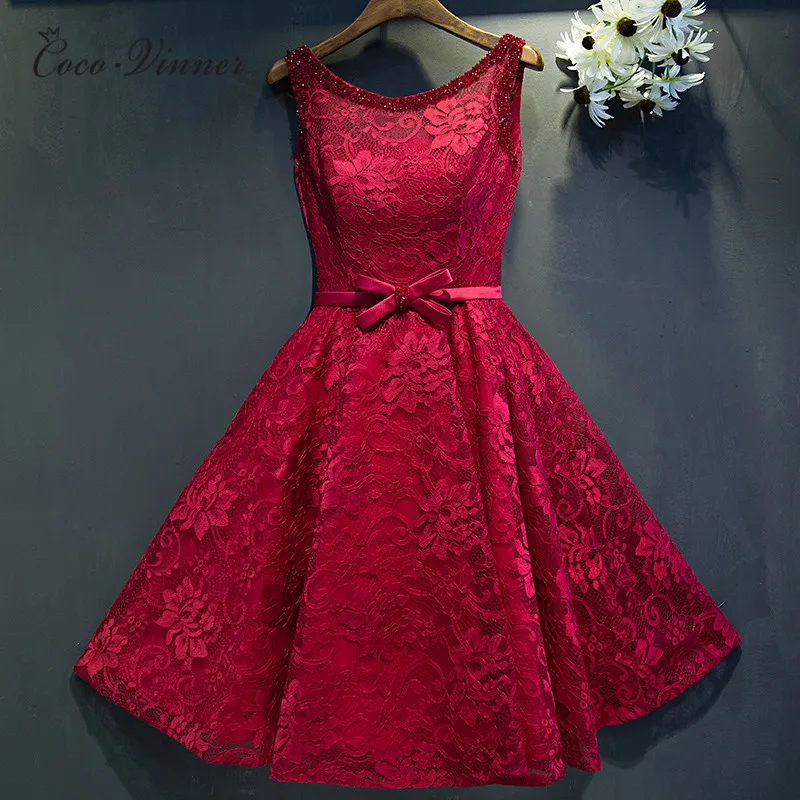 

C.V 2019 new short design Lace Cocktai dresses With Sashes plus size lace up back formal dress women vestido de festa E0019