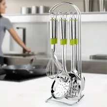 7 Stücke Küchenzubehör Sets Grün Griff Edelstahl Metall Kochen Werkzeuge Sets Schneebesen Löffel Turner Multifunktions Zubehör