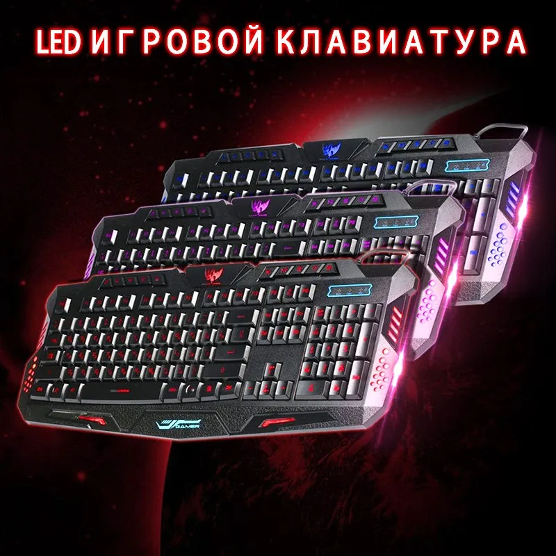 

English/Russian Backlight Wired Keyboard Red/Purple/Blue LED Backlit Keyboard Computer Gaming Keyboard USB for LOL PC Laptop