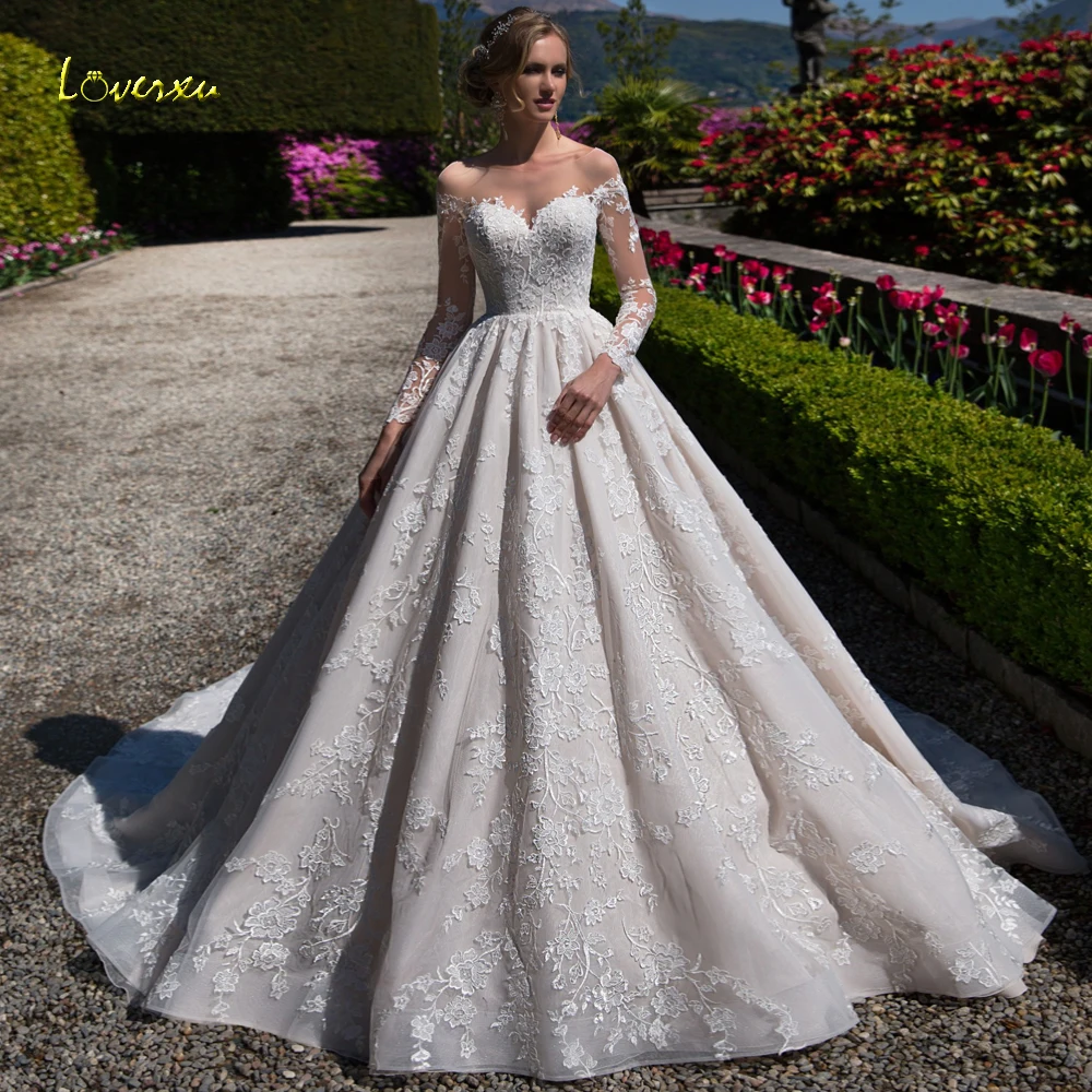 

Loverxu Vestido De Noiva Long Sleeve A Line Lace Wedding Dresses 2019 Sexy Backless Appliques Court Train Vintage Bridal Gown