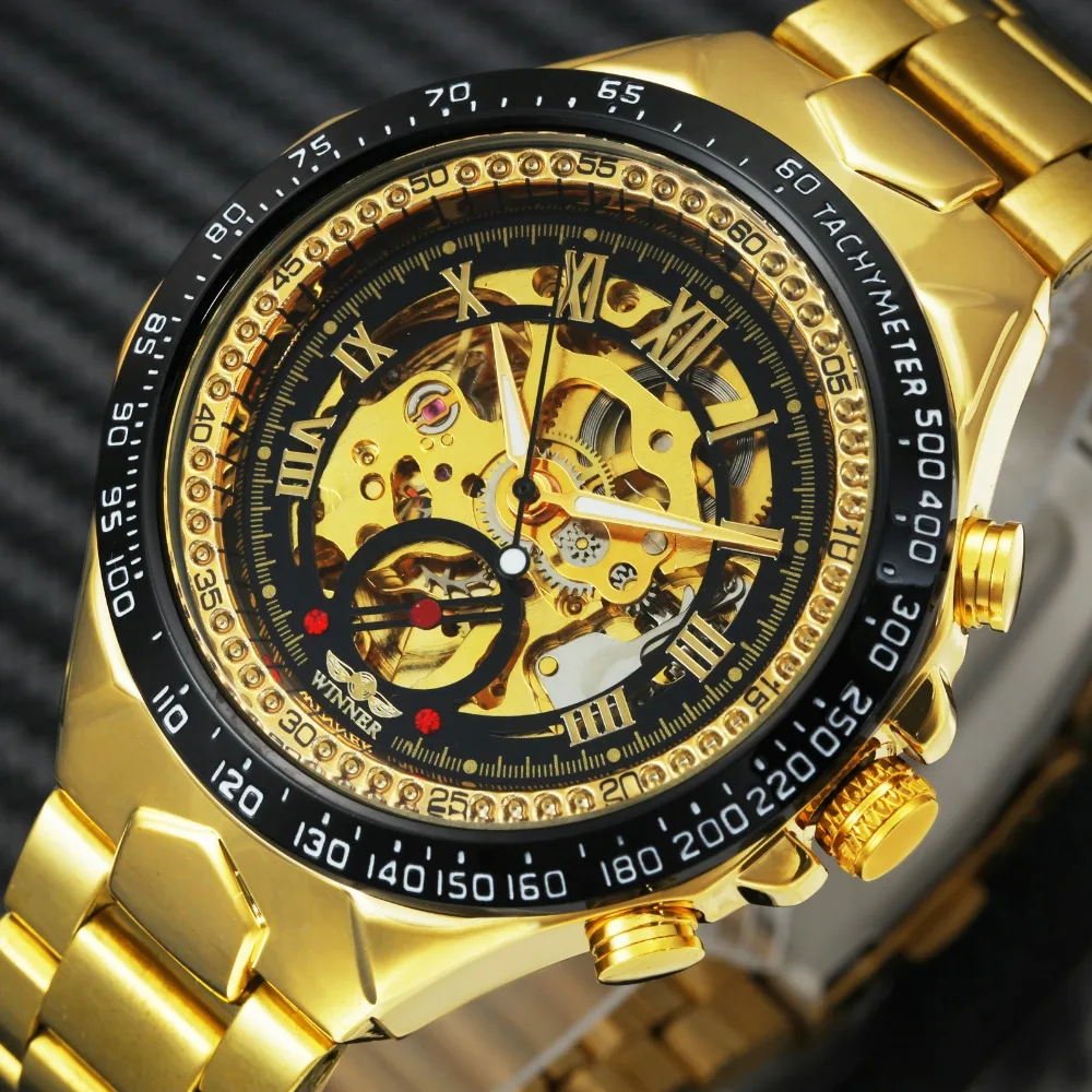 T-WINNER часы, мужские автоматические механические стальные мужские часы, Топ бренд, роскошные золотые наручные часы со скелетом, популярные мужские часы